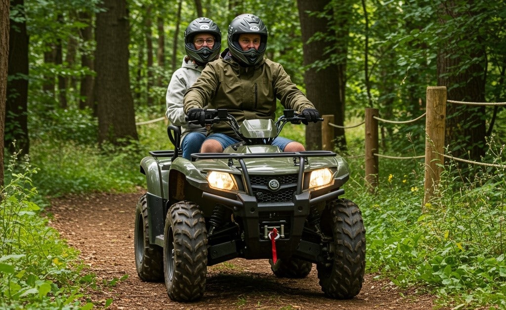 deux adultes bien équipés sur un quad homologué biplace, en balade sur un chemin sécurisé.